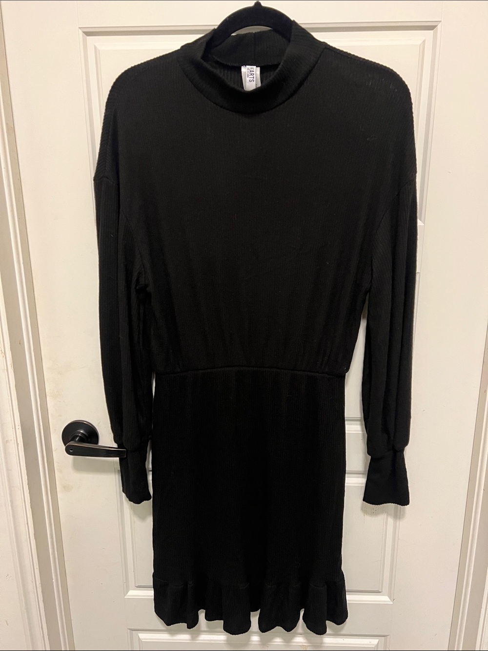 Black Long-Sleeve Turtleneck Knit Dress with Ruffle Hem